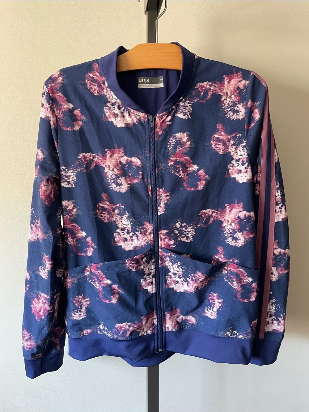 Lija Style Bomber Jacket Windbreaker Floral Golf Breathable Activewear Blue Pink
